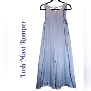 Lush Women Maxi Romper Sz S Lilac-Blue Satin Soft Lined Zip & Tie  Back Wide Leg
